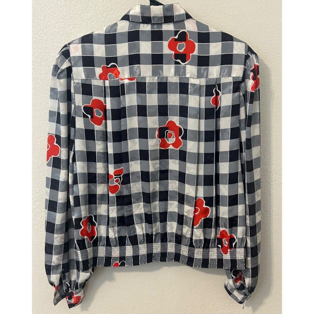 Vintage Anne Klein Women's Black White Gingham Checkered Blouse Red Poppy Size 8 - Picture 2 of 9